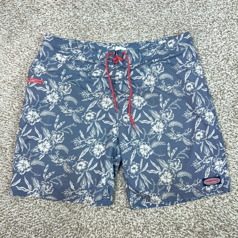 Vineyard Vines Swim Shorts Mens 38 Blue White Floral Board Trunks Beach Swim